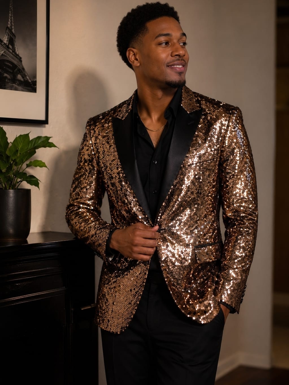 Mens Sequin Blazer - Gold Metallic